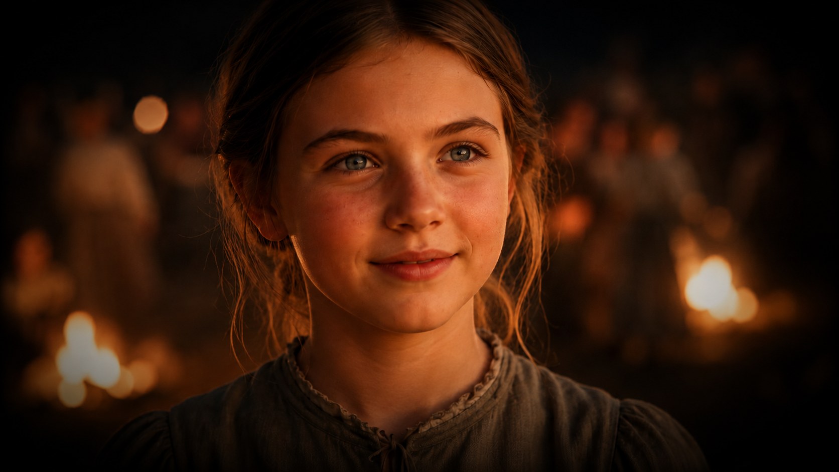Emeline, a girl lit by firelight against the dark on the Oregon Trail.